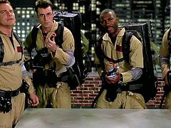 Group of experienced good looking and famous pornstars with hot bodies get filmed in point of view behind the scenes while filming parody on Ghost Busters on green screen.