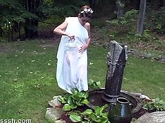 Sssh brings you an exciting free porn video where you can see how a nasty brunette blows her man's cock in the garden while assuming some very interesting poses.