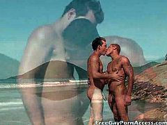 Horny couple Antony Gimenez and Alber Charles make out on the rocks over looking the shoreline. They find a deserted golden beach on this paradise island to get their rocks off under the hot summer sun. Antony gets to fuck Alber and Antony hits Alber darn hard, with Alber just tight enough to make Antony work even harder. Alber takes it from Antony in a few positions, always calmly and quietly as Antony works him over to oodles of sweat.
