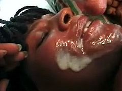 Obese pregnant ebony bitch Tolana is having fun with two dudes in a bedroom. She sucks their shafts remarcably well and then gets her meaty cunt pounded in side-by-side position.