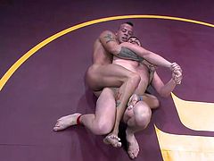 muscled wrestler dominates his adversary in the arena