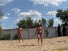 Hot chick Lana and her GFs wearing bikinis are having fun with two dudes outdoors. The hussies please the dudes with blowjobs and then get their pussies pounded on the ground.