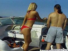 Glamorous blonde beauty take a boat ride with her brutal lover. Cocky dude licks her wet trimmed pussy with joy and then young blondie gives him steamy blowjob.