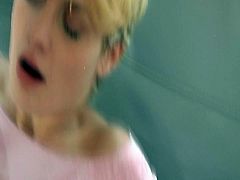 This shorthaired blondie is so kinky today. She lets this guy do whatever he wants to her. He wastes no time, but sticks his dong into her pussy, butthole and gives her a facial.
