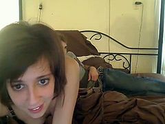 Sassy black haired teen agreed to show off her sweet pussy on webcam. Boyfriend pulled her undies aside and diddled her wet shaved coochie with his fingers.