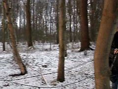 Juicy teen tries to run away from her master on cold snowy day wearing only lingerie. Cutie gets her natural tits rubbed with snow and then gets suspended to the tree outdoors totally naked.