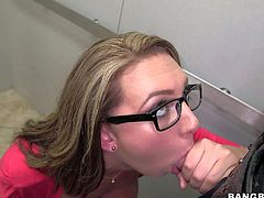 Lusty nympho secretary Brooke Wylde with provocative glasses and huge jaw dropping natural knockers in skirt and shirt gets on knees and gives awesome blowjob to stranger in the elevator.