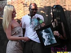 Check this hot blonde sucking black dude's dick that comes out of a Hitler's picture. In addition, watch three girlfriends doing fucked up things for money.