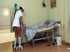 Young bitchy nurse strokes grandpa's cock in the hospital. There is no patient that won't get the cure if they get served by sluts like her. Soon, she's sitting on his old dong.