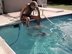 Well stacked blonde beauty swims closer to her boyfriend and starts sucking his big. Gal gets her hairy pussy eaten and properly fucked missionary style.