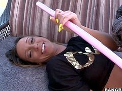 Tempting and playful Jada Stevens with long slutty nails and nice natural boobs gets naked and has fun anal play with her partner in backyard in point of view.