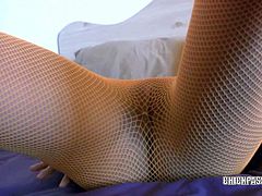 Perky blonde college girl Elle Brookes in orange fishnets and fucking her new dildo.Watch how she strips off and start playing with hr big tits and that shaved pussy.She toys her tight pussy with big hard dildo.