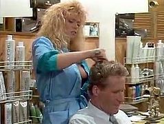 Blonde hair dresser enjoys pussy licking by one client