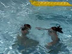 Two sexy lesbian bitches eating muff pie in the pool