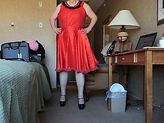 Sissy Ray in Red Silky Dress and no panties