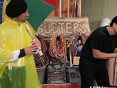 MILF babe Zoey Holloway shows off her awesome blowjob skills before riding the MILF busters in the back of the warehouse