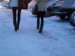 High heels on street, snow and ice