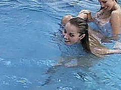 Sweet big breasted teen lesbians licking and toying their wet pussies at pool