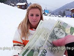 Get a load of Nathaly Teges' big natural breasts as she flashes them outdoors on the snow. Have fun with this hot POV where this gorgeous blonde teen sucks on this guy's big cock before being nailed.