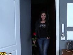 Natasha is an European cutie who meets a dude for the first time. He brigs her a red rose and she is so impressed, that she rides his cock in his kitchen and tastes his spunk too.