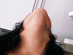 Long haired black head seductive harlot rests on kitchen table and powerfully hammers her thirsting snatch with massive ice made dildo. Watch this hottie in Mofos Network porn clip!