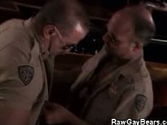 Check out these horny policeman having fun at the bar. After they make out a bit one gets immediately on his knees to suck his buddy's cock and swallow a load.