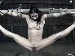 Wenona is a bondage model looking for pain. She is tied up in weird positions and suspended in a barn. Her pussy is tortured with a fixated vibrator so that she can't move it.
