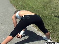 She was jogging in the park, when this dude came by and asked her if she wanted to fuck! Hell, yeah! she says and gets that huge cock!