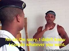 A black dude from military, Felipe Sainz, makes out of a cute Latin guy, Emilio Calvo, his bottom bitch. He stands while Emilio sucks on his meaty rod and enjoys.