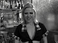 Horny blonde chick lifts a skirt up and gets her pink pussy licked in a bar. She gives a handjob and gets fingered as well. After that Sindee gets fucked in a reverse cowgirl pose.