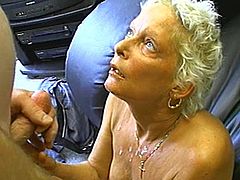 Nasty blonde granny is having fun with some guy indoors. She kneels in front of the man and pleases him with a blowjob and then they bang in the reverse cowgirl position.