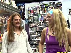 Nasty blonde chick is playing dirty games with some dude in a supermarket. She kneels in front of some man and pleases him with a blowjob and then allows him to fuck her snatch doggy style.