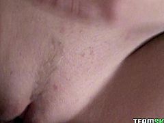 Watch this horny and super kinky busty white chick getting her tight and clean looking pussy banged really hard by her friend in Team Skeet sex clips.