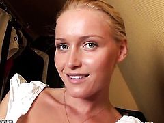 Blonde Kathia Nobili touches her neat wet spot after stripping