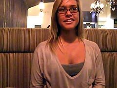 Kinky blonde chick Kennedy wearing glasses is getting naughty in the street. She flashes her nice natural boobs for the cam and feels proud of herself.