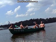 Gorgeous raven haired Russian teen takes ride on a boat with three of her cocky friends. They get to the lonely island where cutie gets tight cunt drilled by three huge dicks in turn.