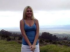 Alison Angel gets wild and crazy while on vacation. She strips off her thong then plays with her pussy in the middle of the road.