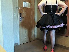 Sissy Ray in Black Maids Skirt and Red Heels