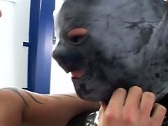Burning hot blondie in black latex dress and mask sucks two fat dicks on her knees. Then hoe gets her soaking cunt fucked in missionary and doggystyle positions.