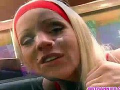 This sublime white skinned shemale hottie gets banged bareback by a dude with a mask on.See how this sexy blonde tranny sucks his big cock and then gets his tight bubble butt fucked hard and barebacked.