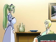 Japanese hentai with huge melon boobs hard poking by her mas