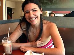 Long-haired brunette Danica proves that she is a nasty girl. She fingers her pussy in a cafe and then pounds her pink slit with a small toy.
