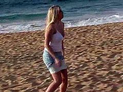 Stunning Alison Angel makes a solo show on the beach. This blondie lifts a skirt up to show the pussy. Of course Alison also shows her perfect boobs.