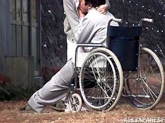 This Japanese nurse knows just how to take care of her sick and feeble patients. This guy is wheeled outside into the garden behind the hospital and the nurse takes care of him sexually. She gets him to regain his strength and she lets him fuck her from behind.
