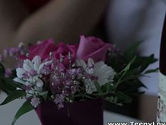 Wine and flowers are what get this lovely blonde teen going. Her boyfriend knew exactly what to offer her to make her want him to fuck her. He took this opportunity to fuck her hard.
