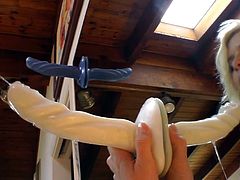 Check out hotties practicing blowjob on two massive toys