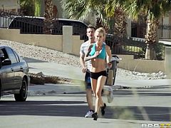 Sport is everything for Sarah! She's an athletic blonde with a slim, fit body and a pair of big naughty boobs. She runs in the desert with this guy and then in the city. The dude barely keeps it with her but after they arrive home, she repays him for his effort and gets her boobs groped. Is she an athlete in bed too?