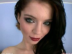 This dazzling brunette enchantress knows how to put on amazing show for her lover. She finger fucks her sweet pussy in front of him. Then she goes straight for his throbbing dick. What a dirty whore!