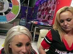 Hussy jades with big boobs are looking hot and sexy wearing cheerleader uniform. Dirty whores take off their clothes before giving deepthroat double blowjob.