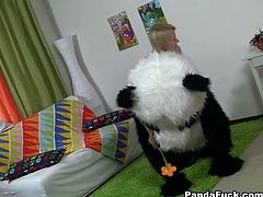 Cute and perverted blonde haired girl in cute pink outfit plays with panda bear sex toy, gets horny and fucks him in her room.